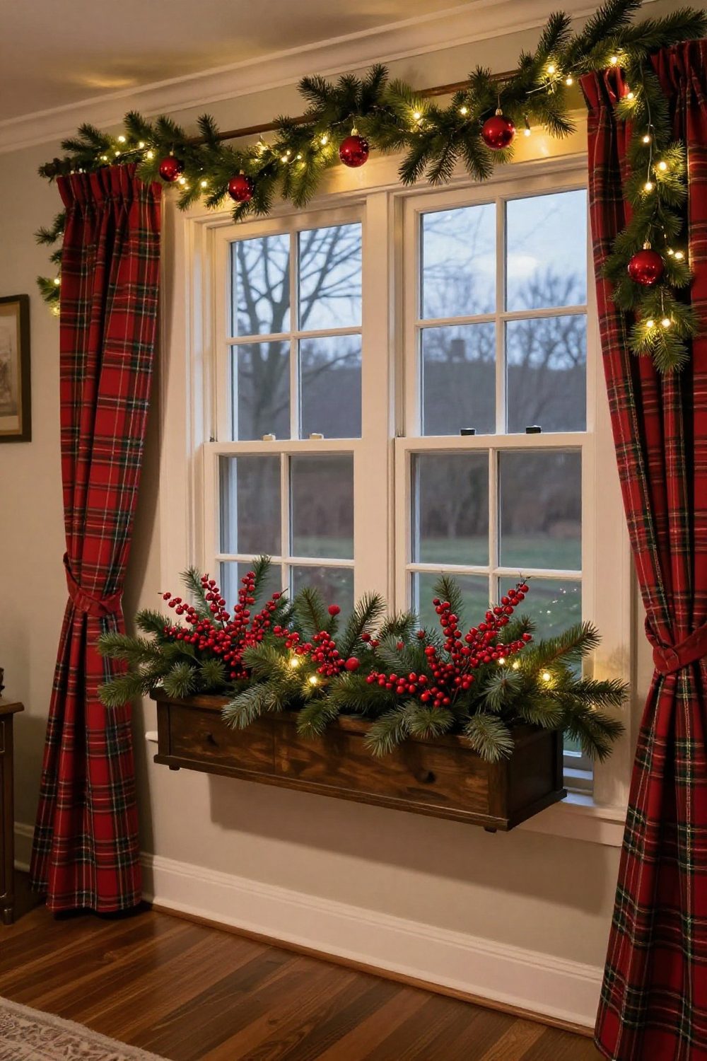 Window box outside a house filled with evergreens and red berries