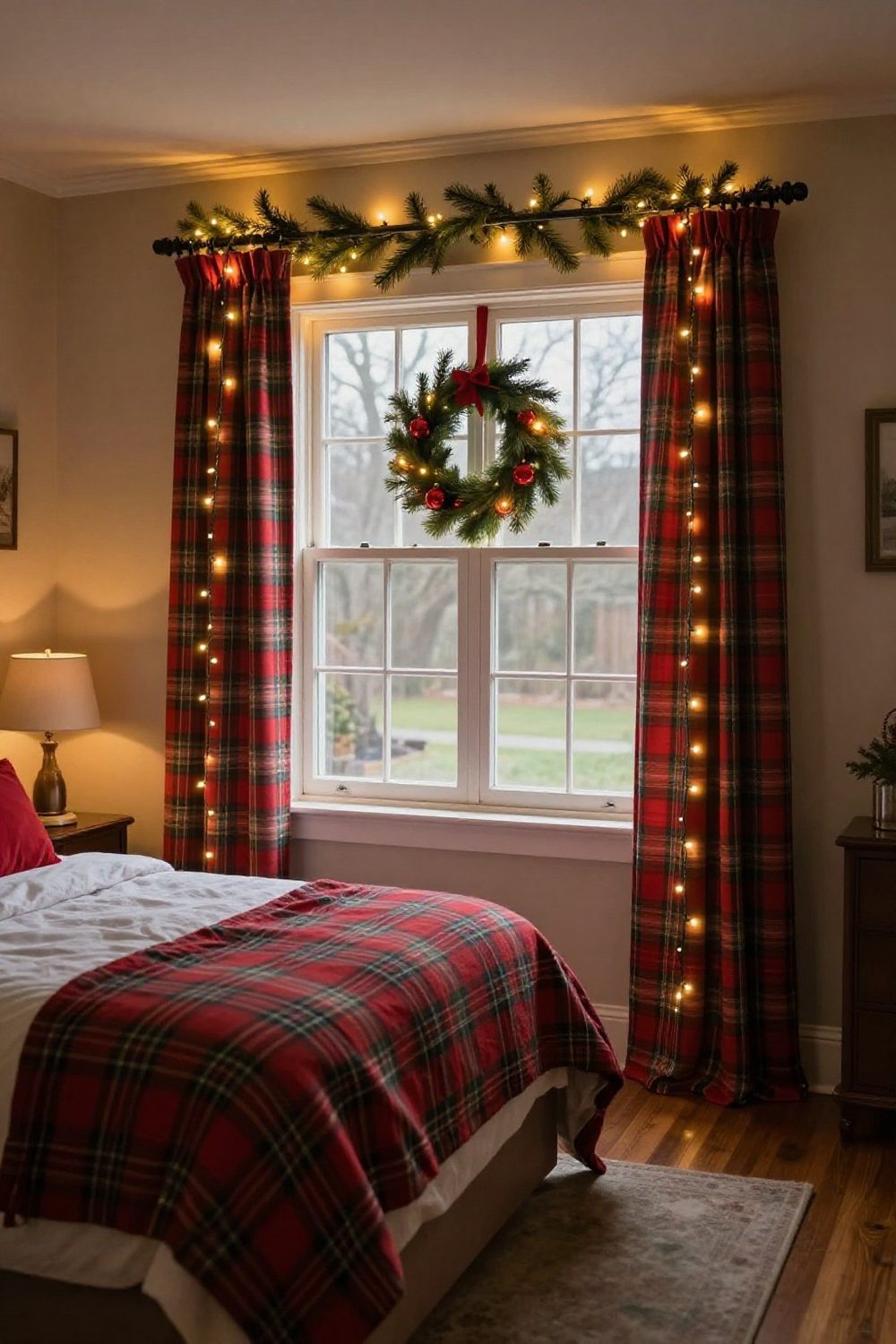 Bedroom window with warm fairy lights on a timer and a small wreath