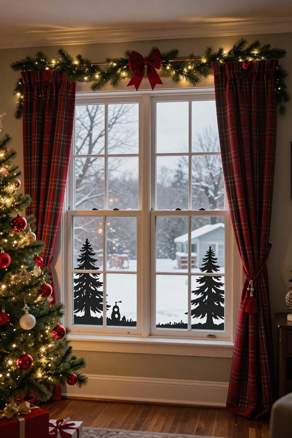 Window with a silhouette of a winter scene in cut paper on the lower panes