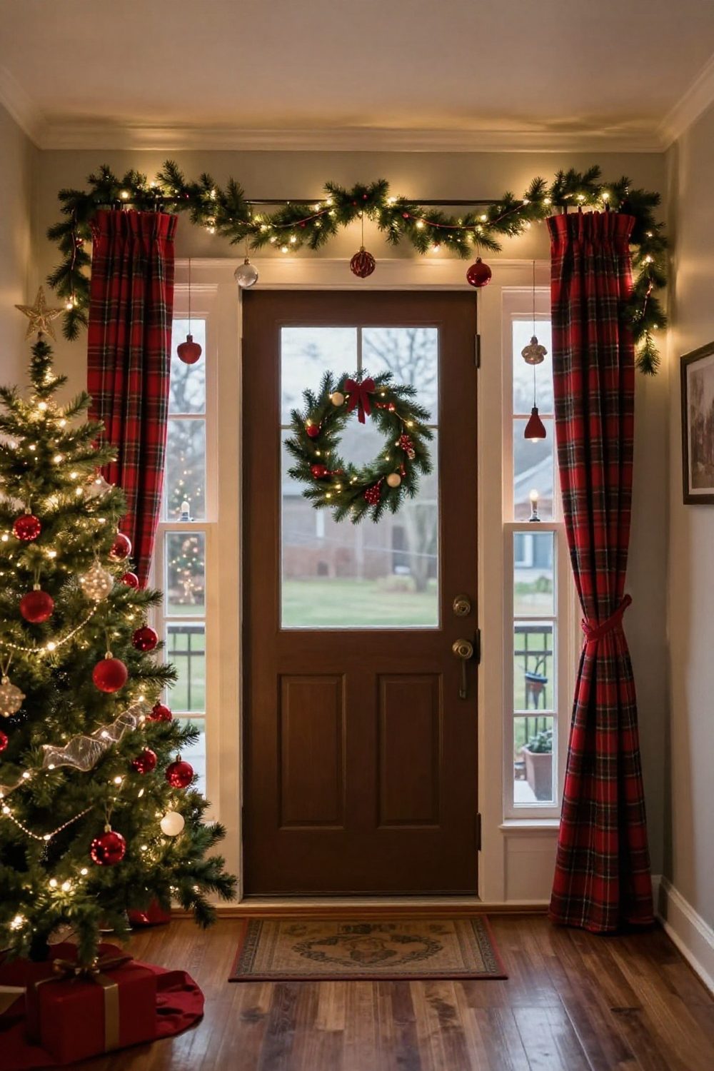 Front door sidelight windows decorated with small hanging ornaments and garland