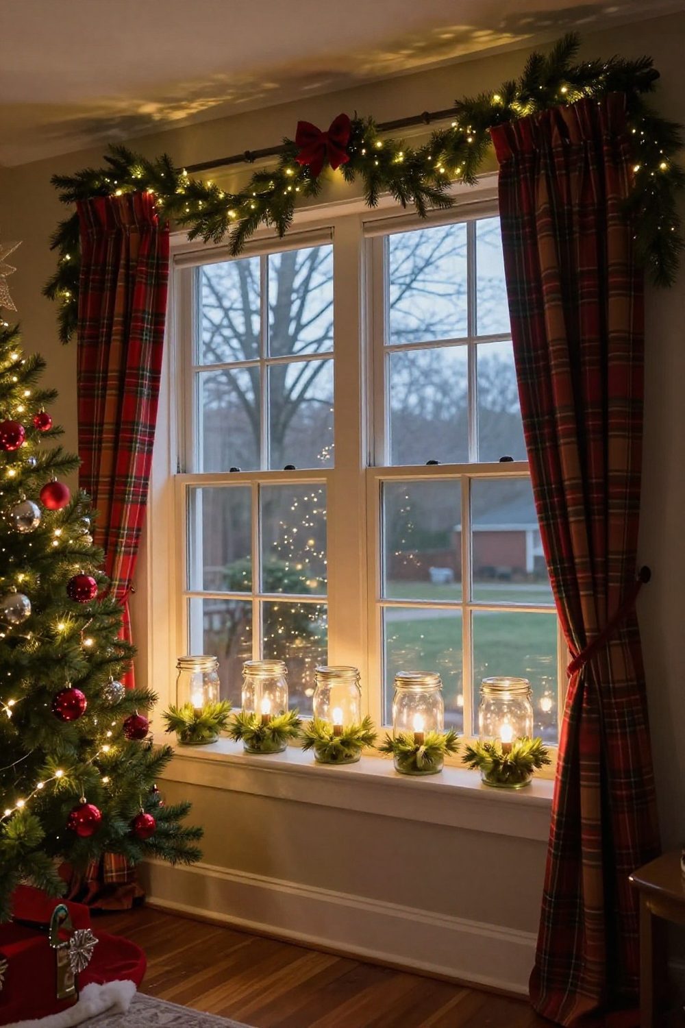 Mason jars with battery lights and greenery on a windowsill