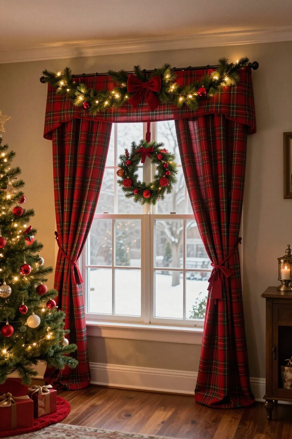 Double-hung window with a garland swag and a wreath on each sash