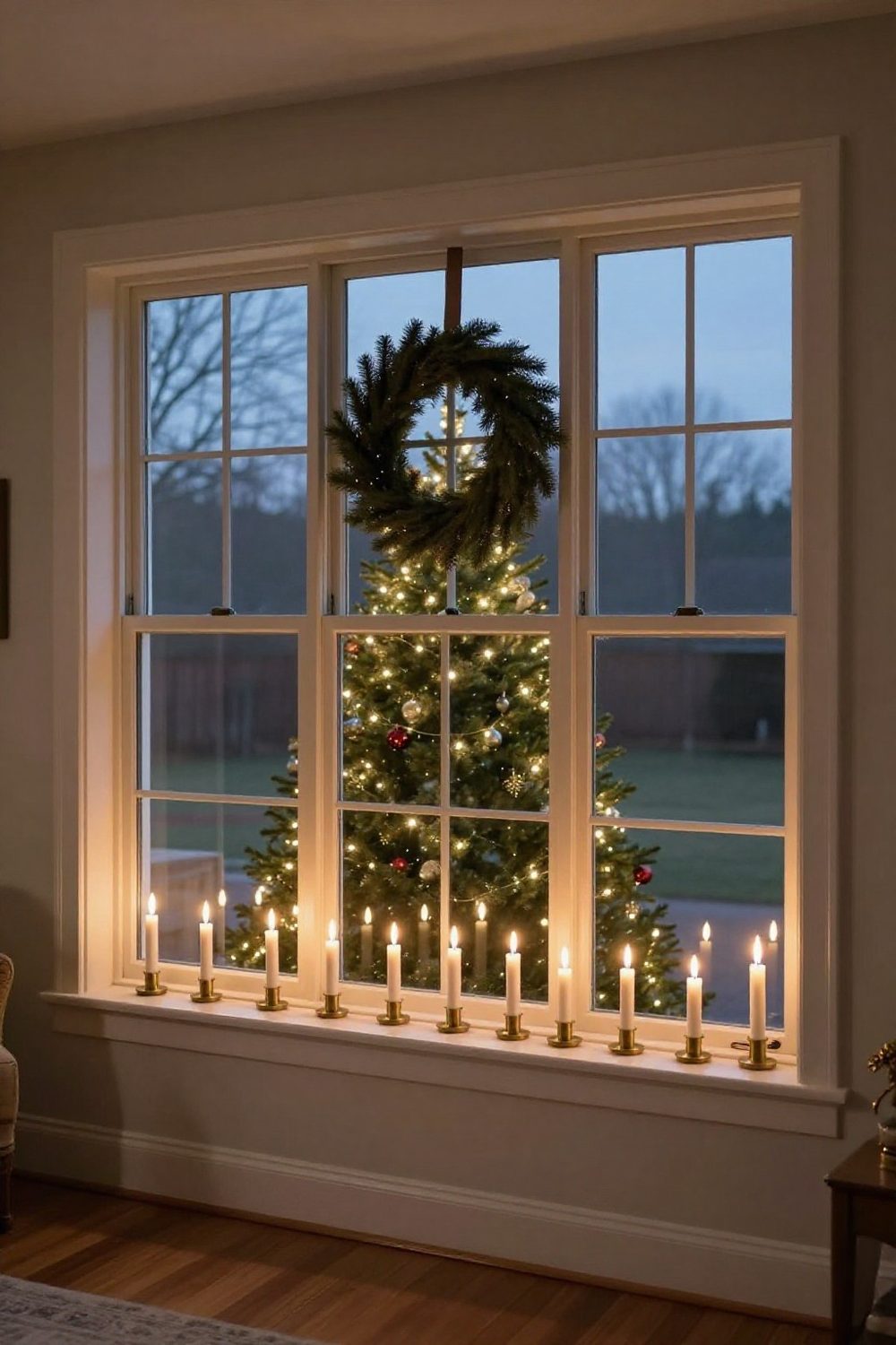 Large living room window with Christmas tree, wreath and candles seen from outside at dusk