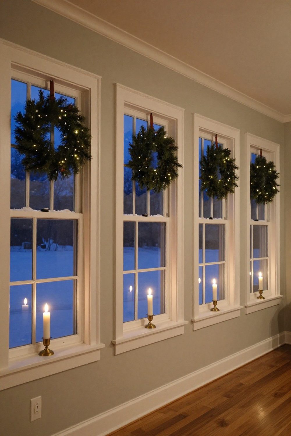 Row of house windows each lit with a candle and wreath at night in winter